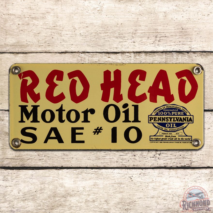 Scarce Red Head Motor Oil SAE #10 Single Sided Porcelain Sign w/ Pennsylvania Seal