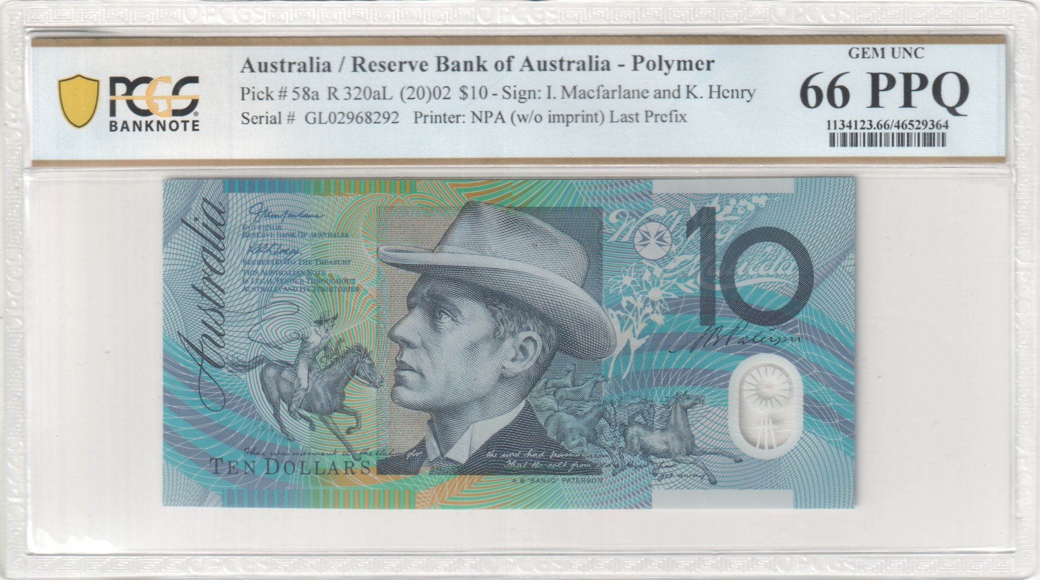 468 · Macfarlane/Henry, Last Prefix, Ten Dollar, 2002, PCGS Gem UNC 66 PPQ