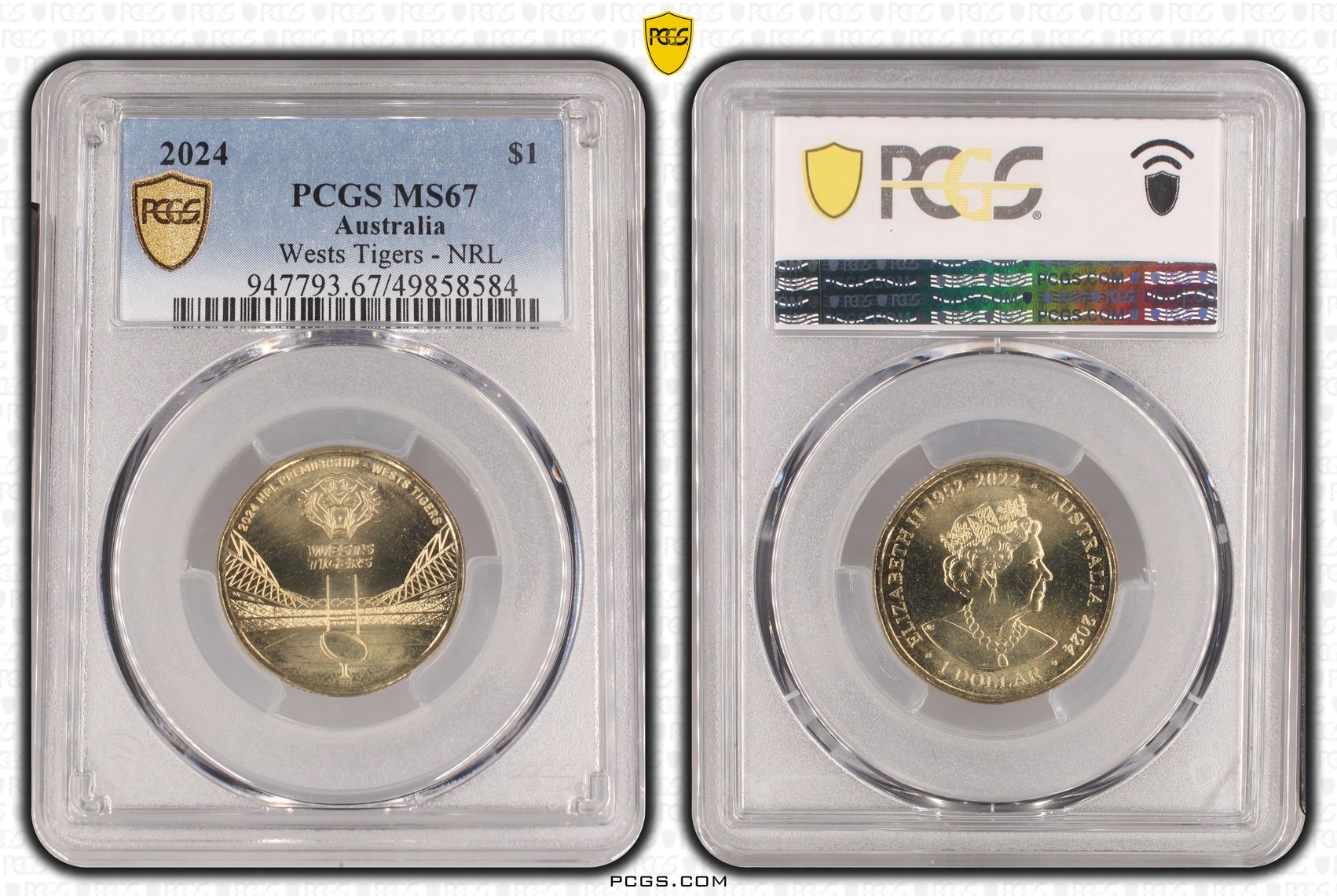Elizabeth II, Wests Tigers - NRL , One Dollar, 2024, PCGS MS67