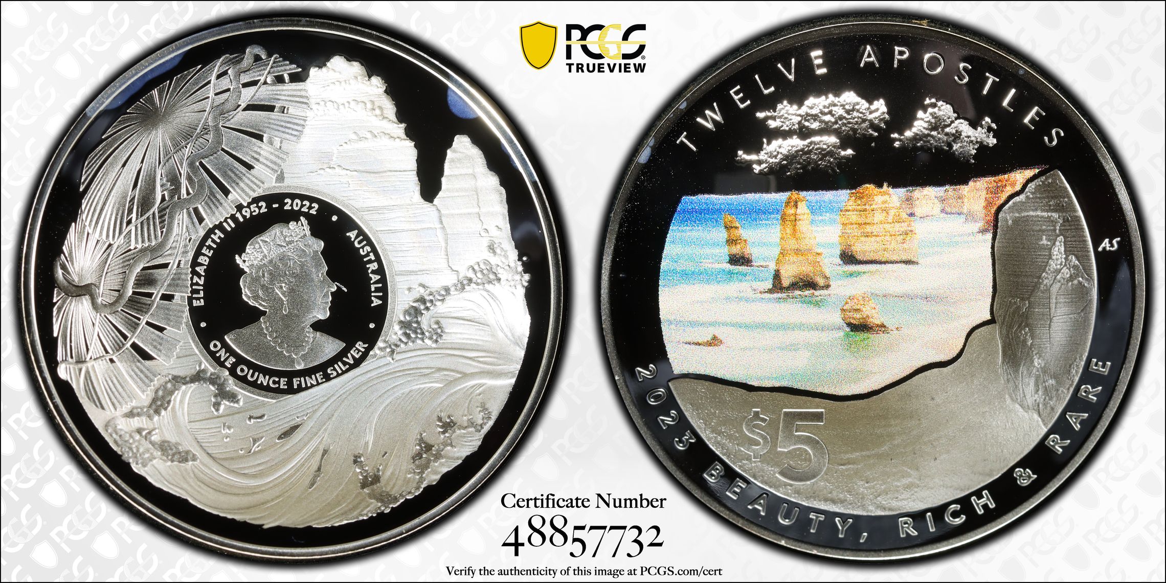Twelve Apostles Domed Colorized, 1oz Silver, Five Dollar, 2023, PCGS PR69DCAM