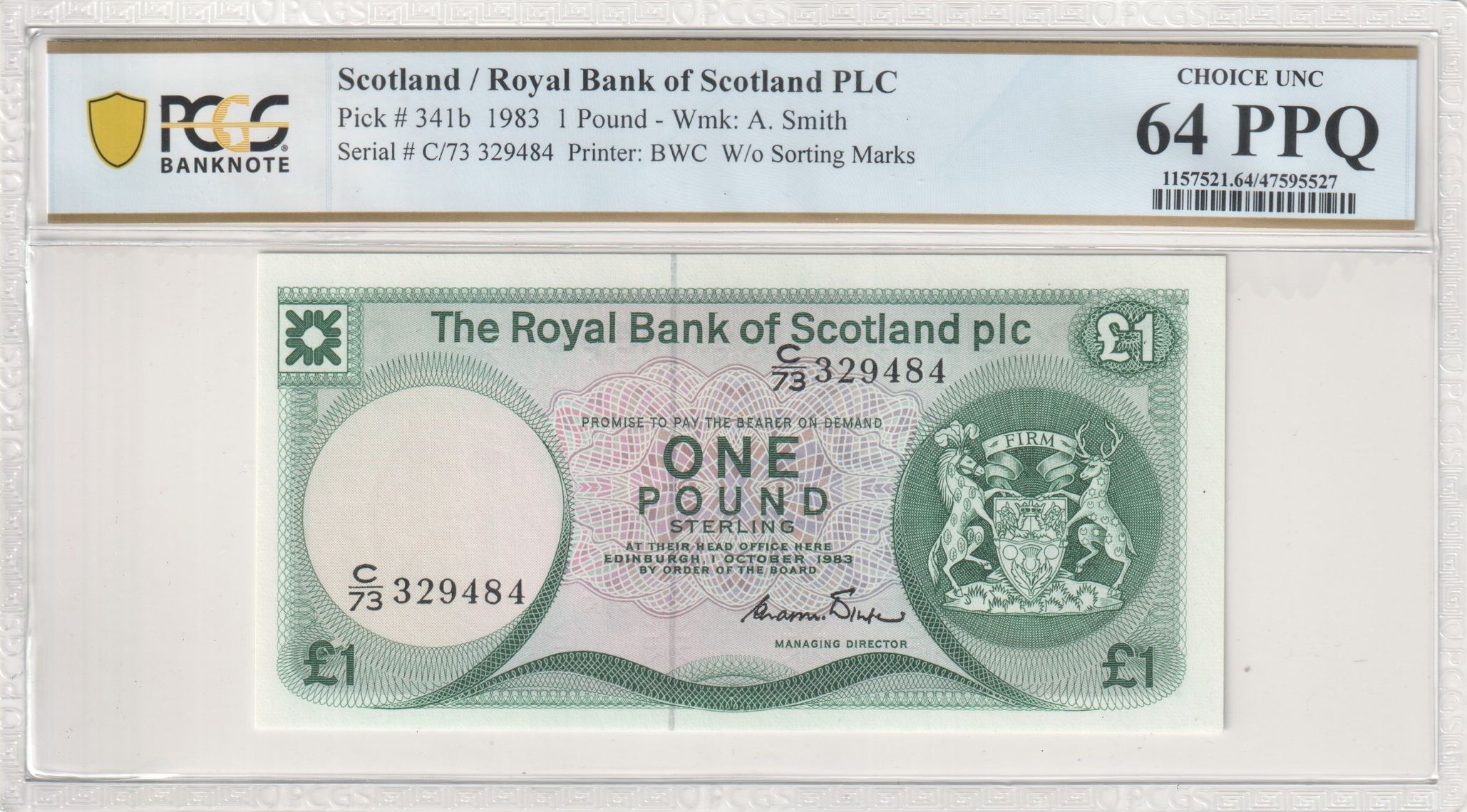 Scotland, Royal Bank of Scotland PLC, BWC, Wmk: A. Smith, W/o Sorting Marks, One Pound, 1983, PCGS Choice UNC 64 PPQ