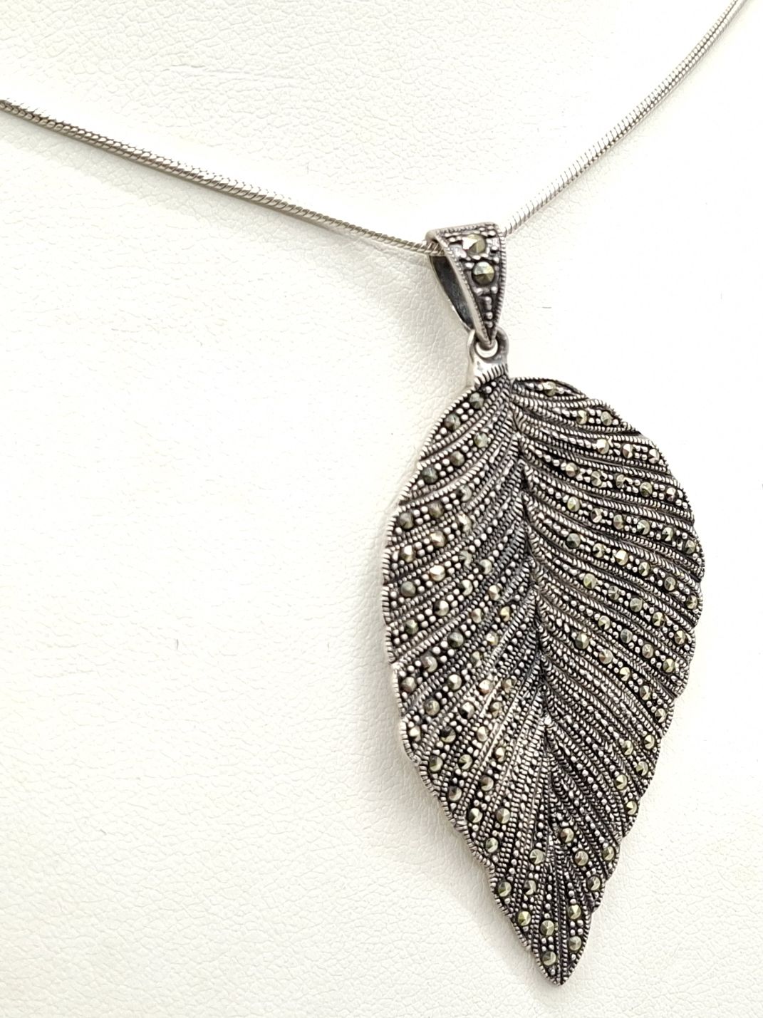 Silver Marcasite Leaf Pendant On Snake Link Chain