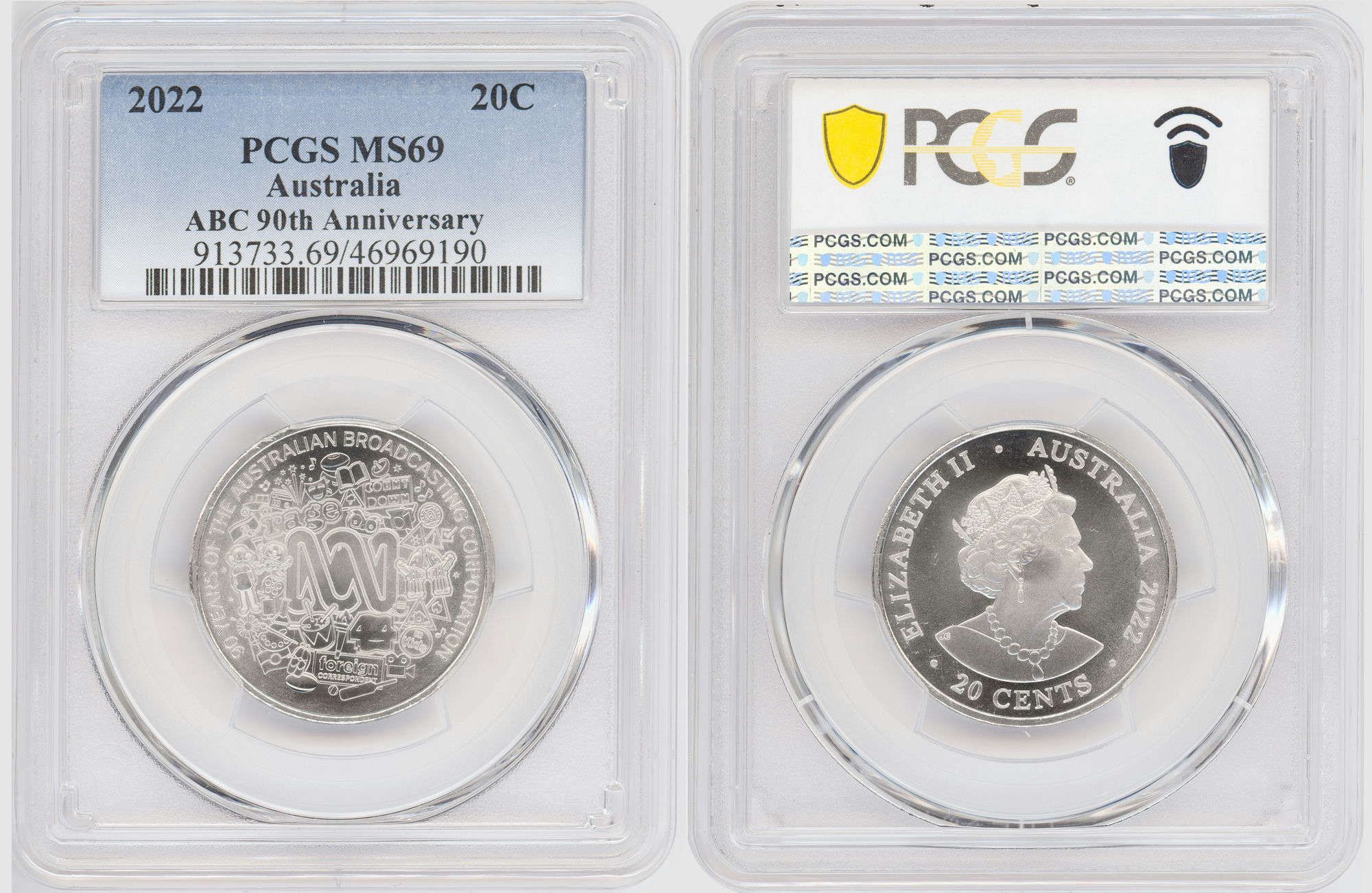 71 · ABC 90th Anniversary , Twenty Cent, 2022, PCGS MS69