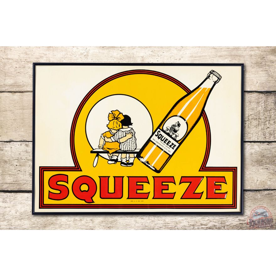 NOS Squeeze w/ Boy & Girl on Bench & Bottle Embossed Tin Sign