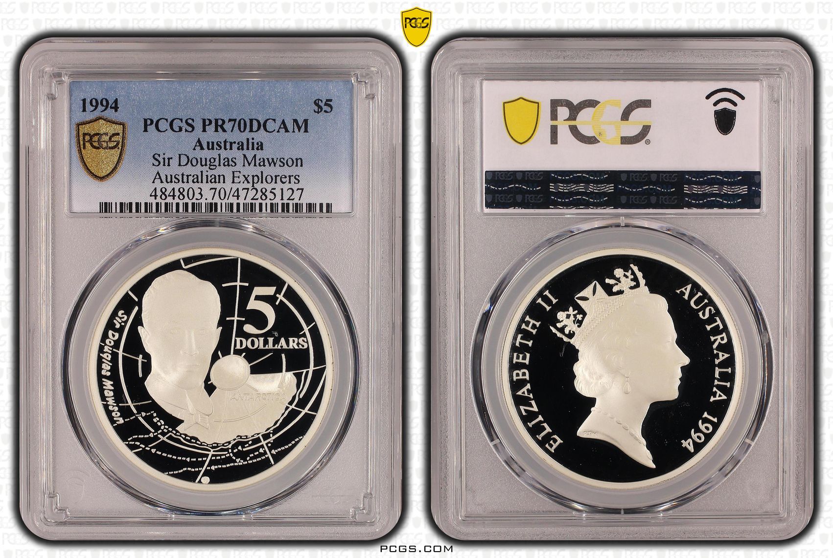 Elizabeth II, Sir Douglas Mawson - Australian Explorers, Pop 10/0, Five Dollar, 1994, PCGS PR70DCAM