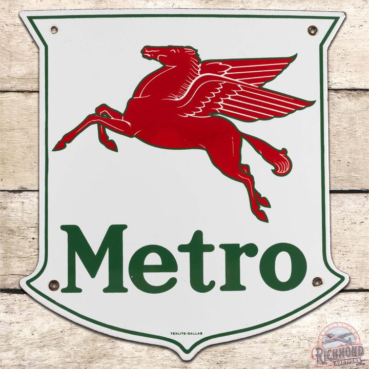 Metro Mobil Gasoline SS Porcelain Pump Plate Sign w/ Pegasus