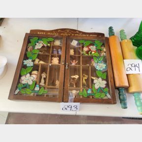 Vintage wood curio wall shelf with lots of vintage pieces