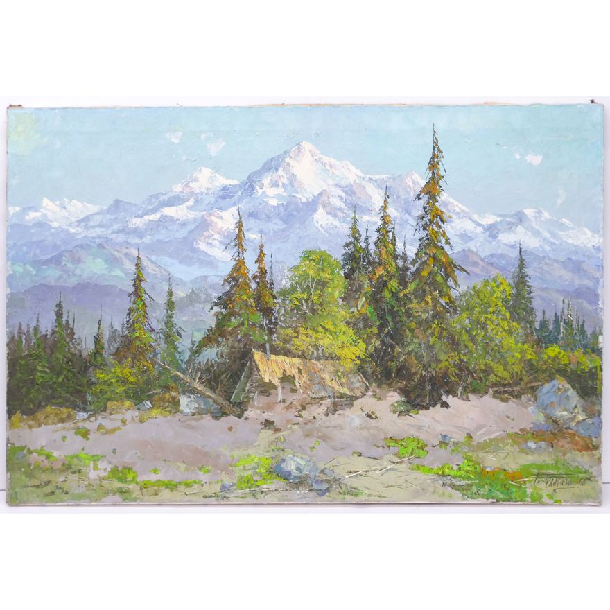Fred Oldfield ''Cabin under Mountains'' Oil on Canvas 24''x36''