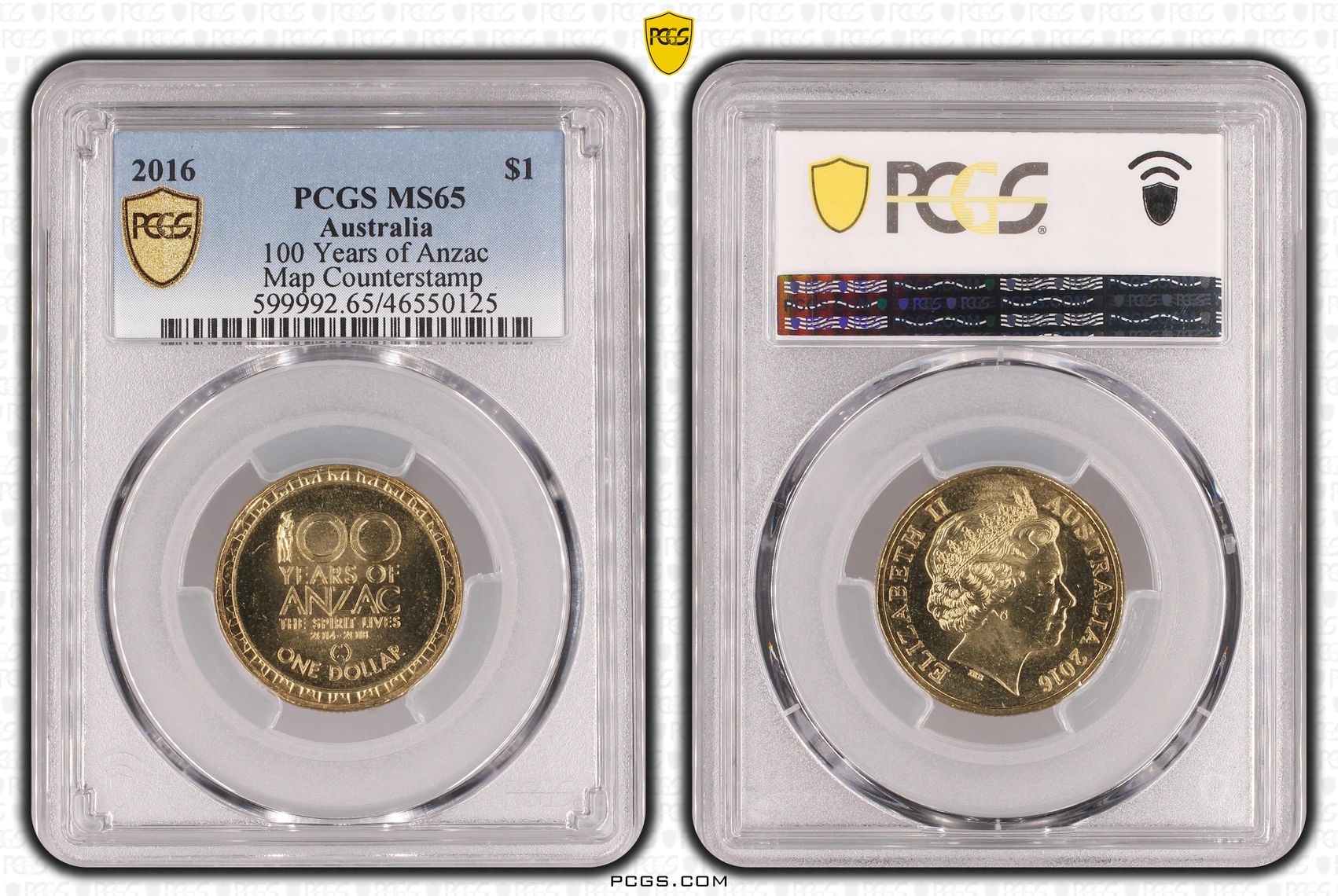 Elizabeth II, 100 Years of Anzac, Map Counterstamp, One Dollar, 2016, PCGS MS65