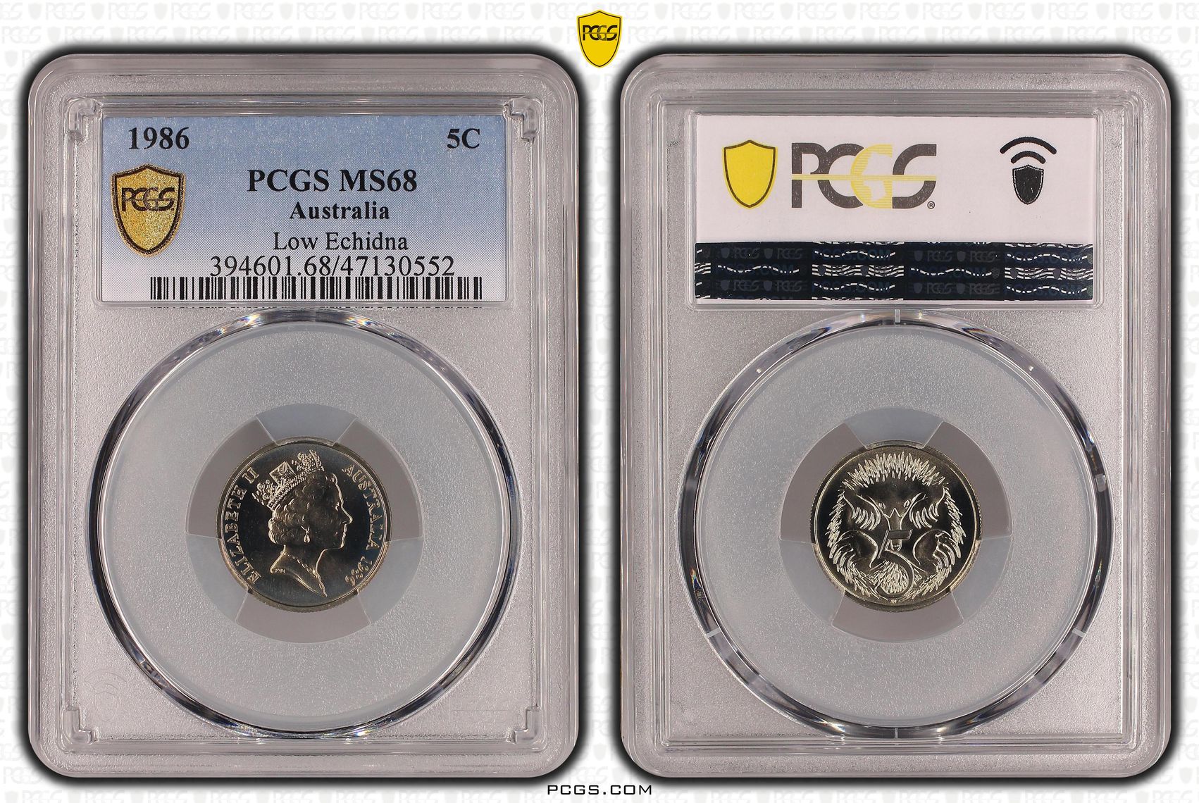 14 · Elizabeth II, Low Echidna, Five Cent, 1986, PCGS MS68