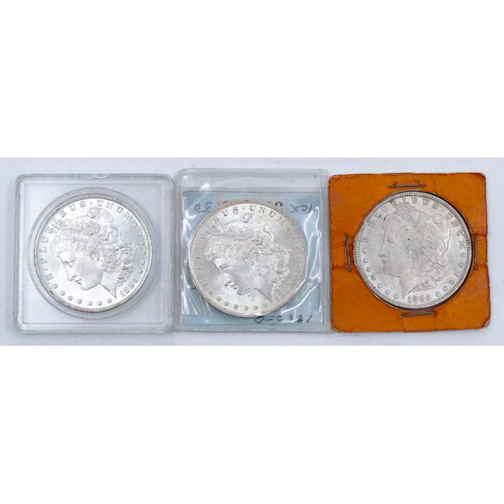 Box 3pc US 1880's Morgan Silver Dollars BU in Flips - 1884-0, 1885, 1885-0