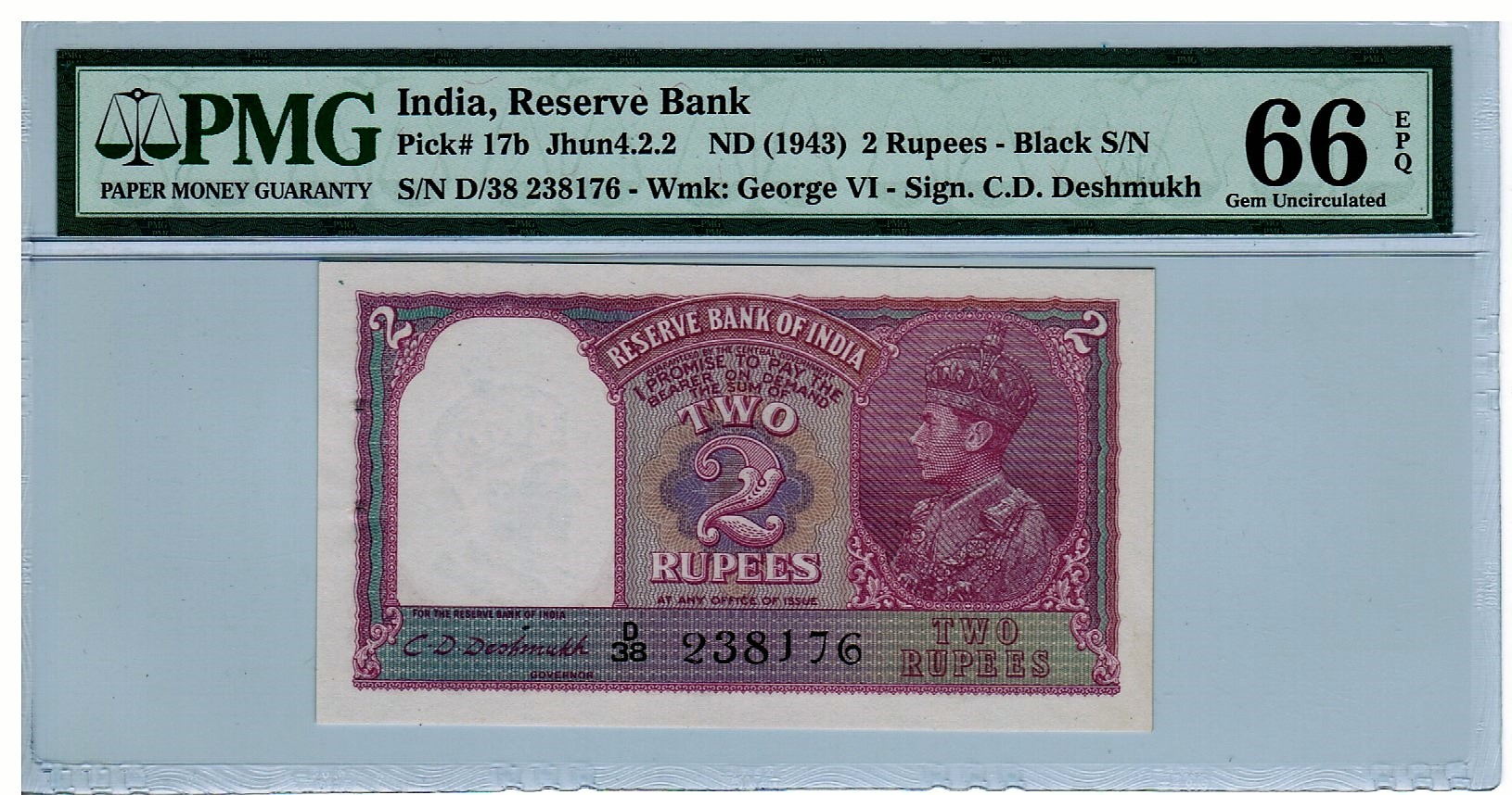 India British Reserve Bank 1943 2 Rupees PMG 66 EPQ - CD Deshmukh