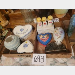 2 Boxes of decorative hearts and other containers