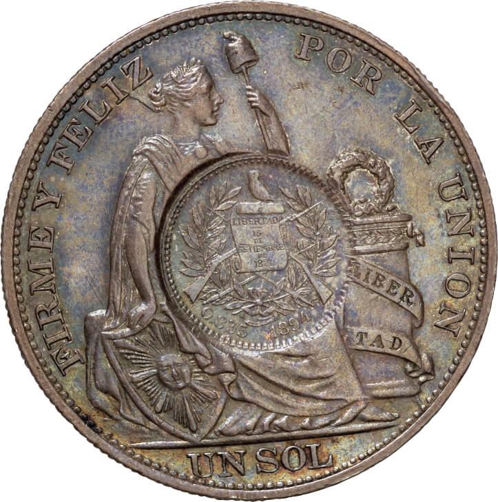 グアテマラ-Guatemala. 1894. 極美. EF. Silver. ﾍﾟｿ(Peso). 女神座像 
