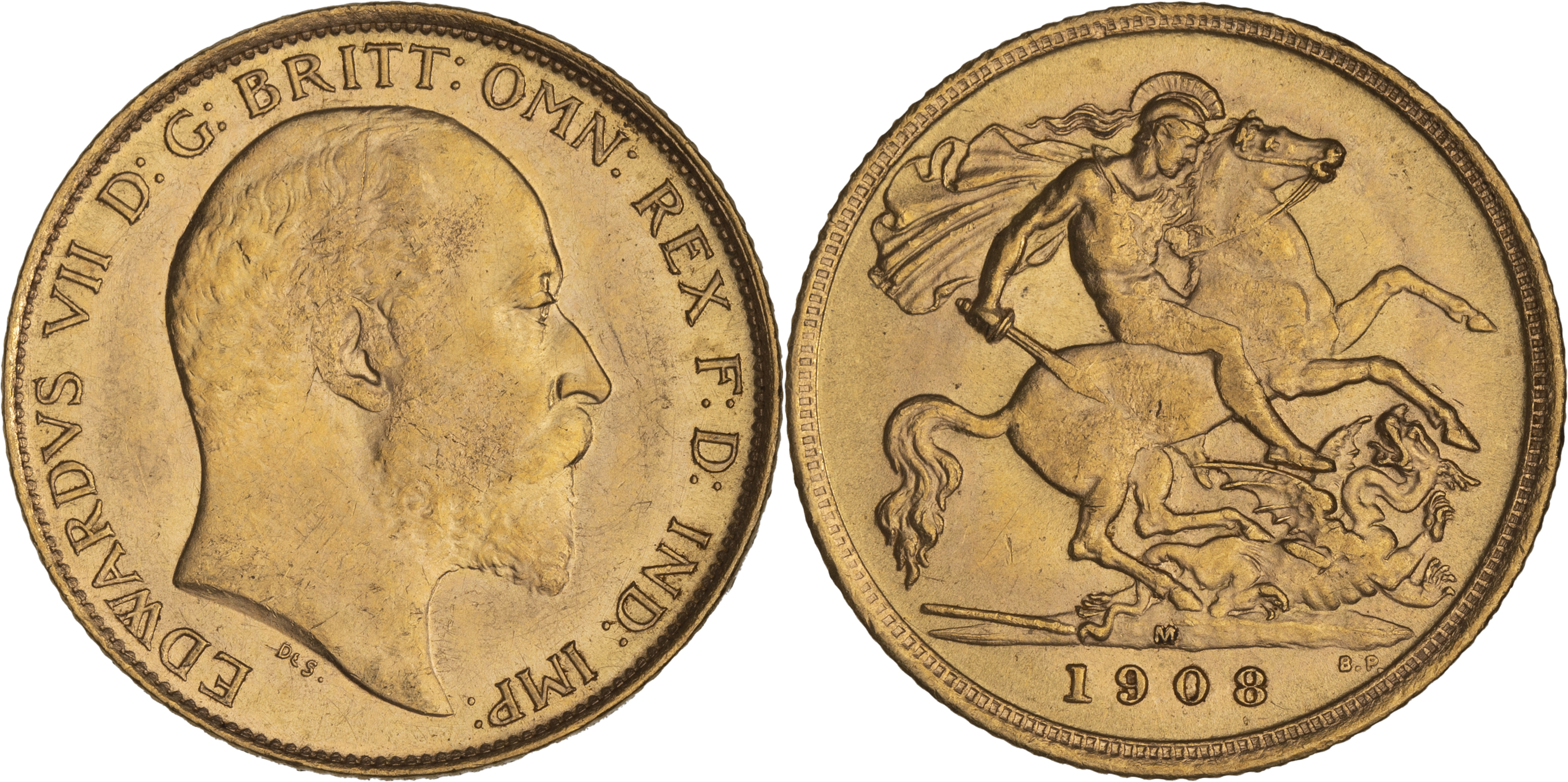 Edward VII, St George Reverse, Half Sovereign, 1908-M, UNC