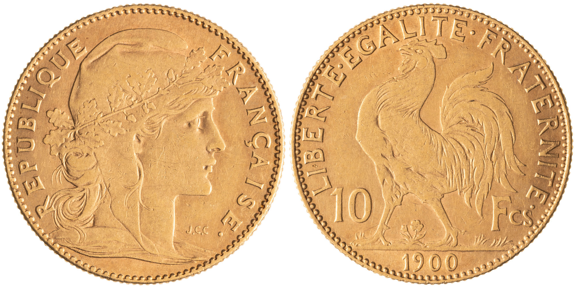 France, Third Republic, Ten Francs, 1900, aFine