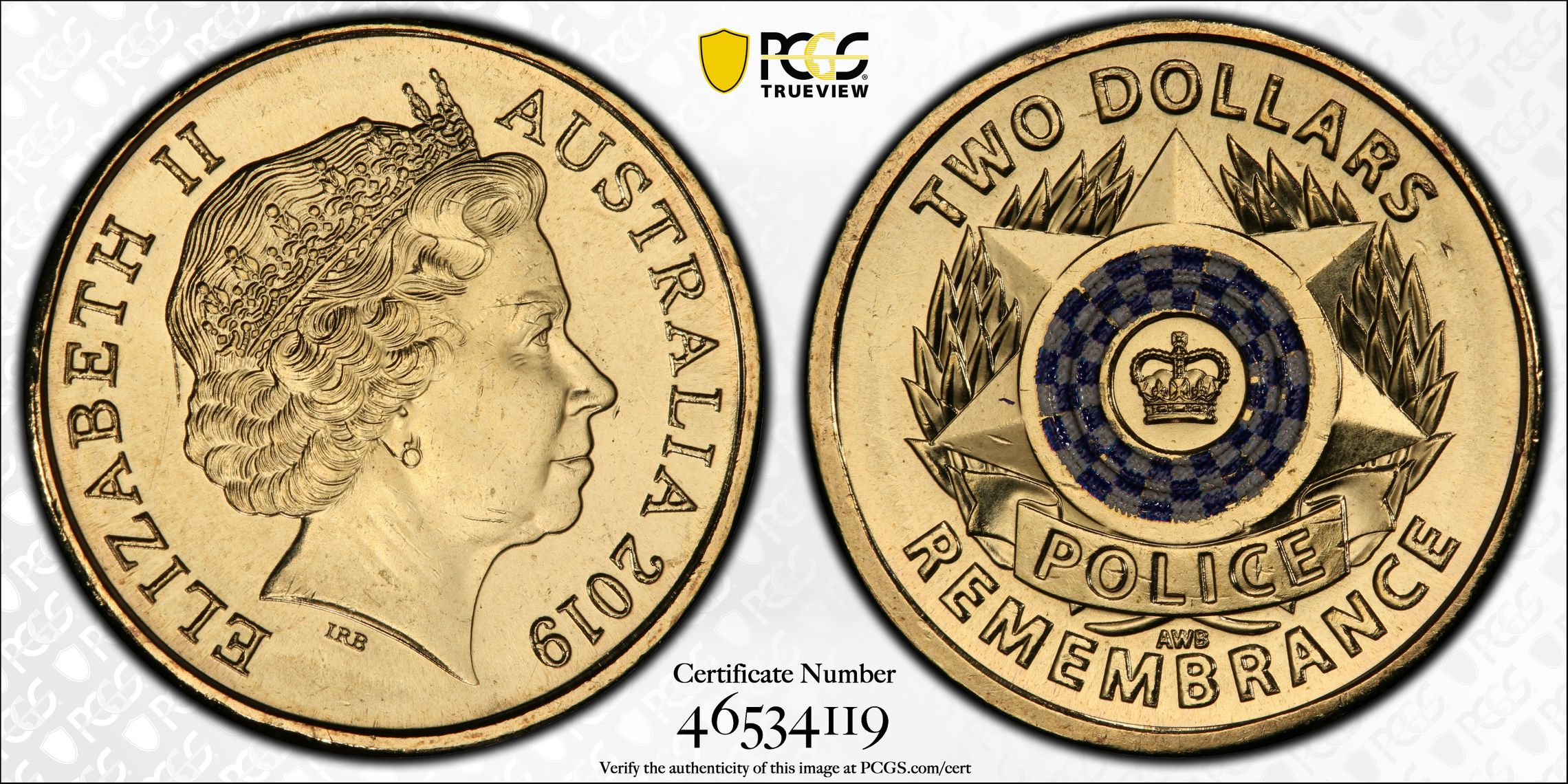 Elizabeth II, Police Remembrance Colorized , Two Dollar, 2019, PCGS MS65