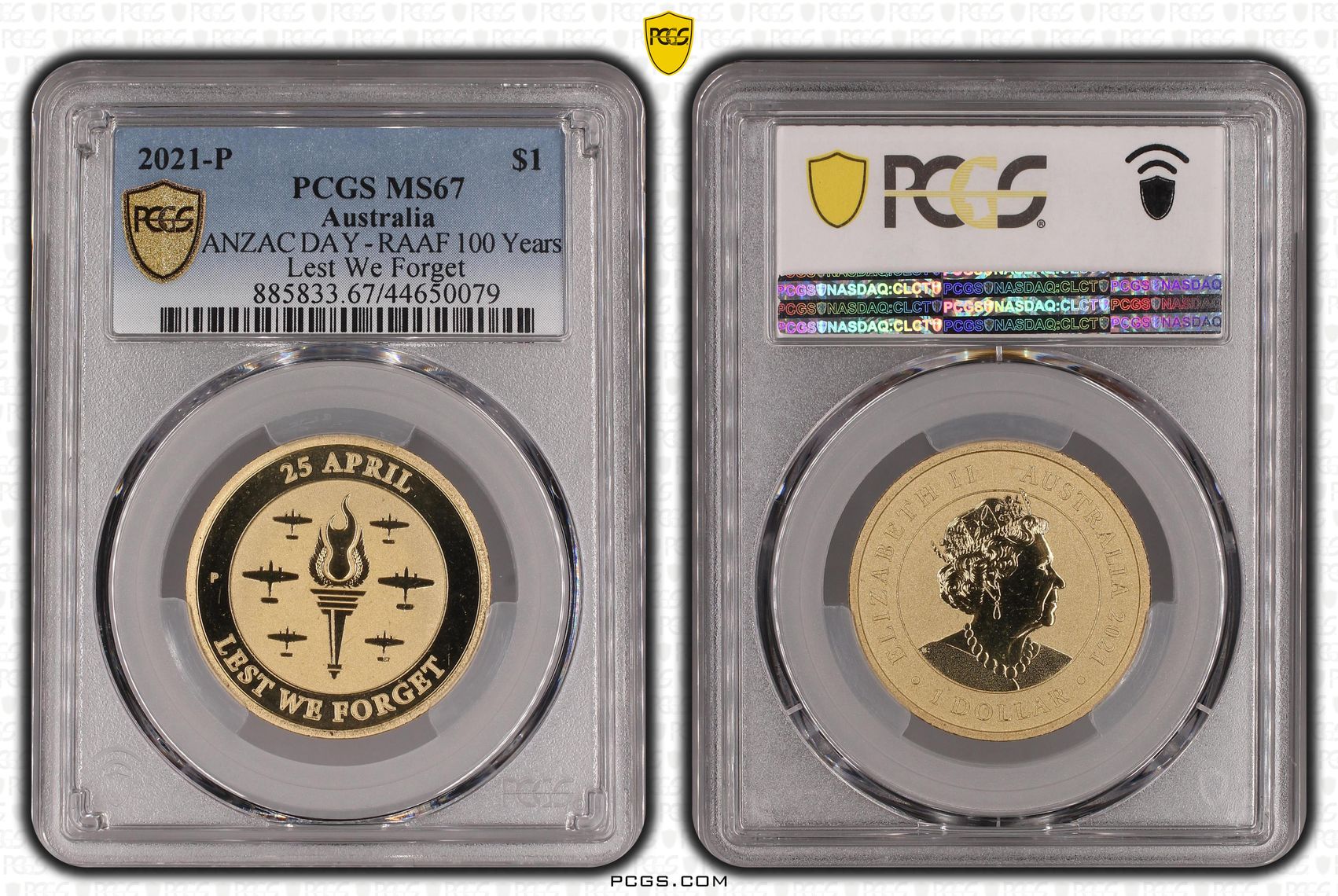 ANZAC DAY - RAAF 100 Years - Lest We Forget , One Dollar, 2021-P, PCGS MS67