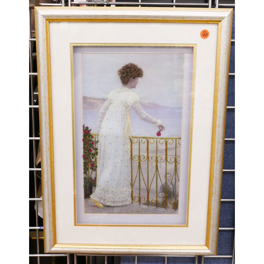 Needlework Woman by Fence Framed- 23x16''