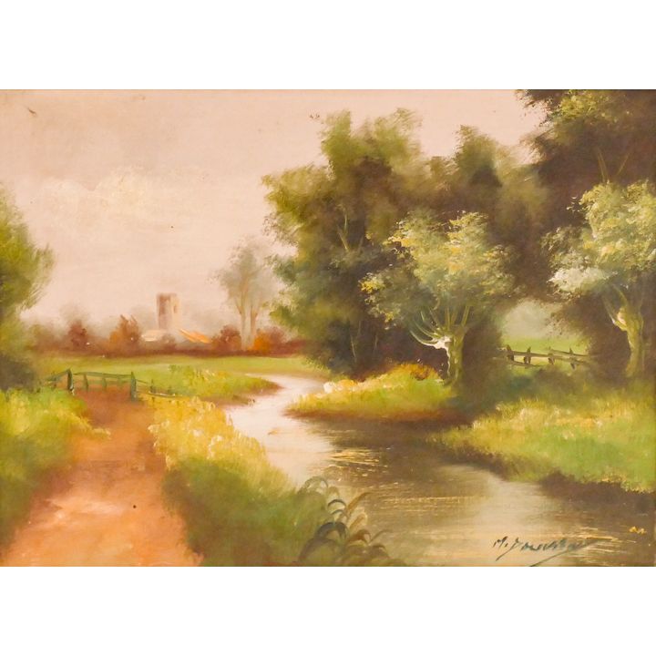 European Landscape with Stream Oil Painting Framed- 16x20''
