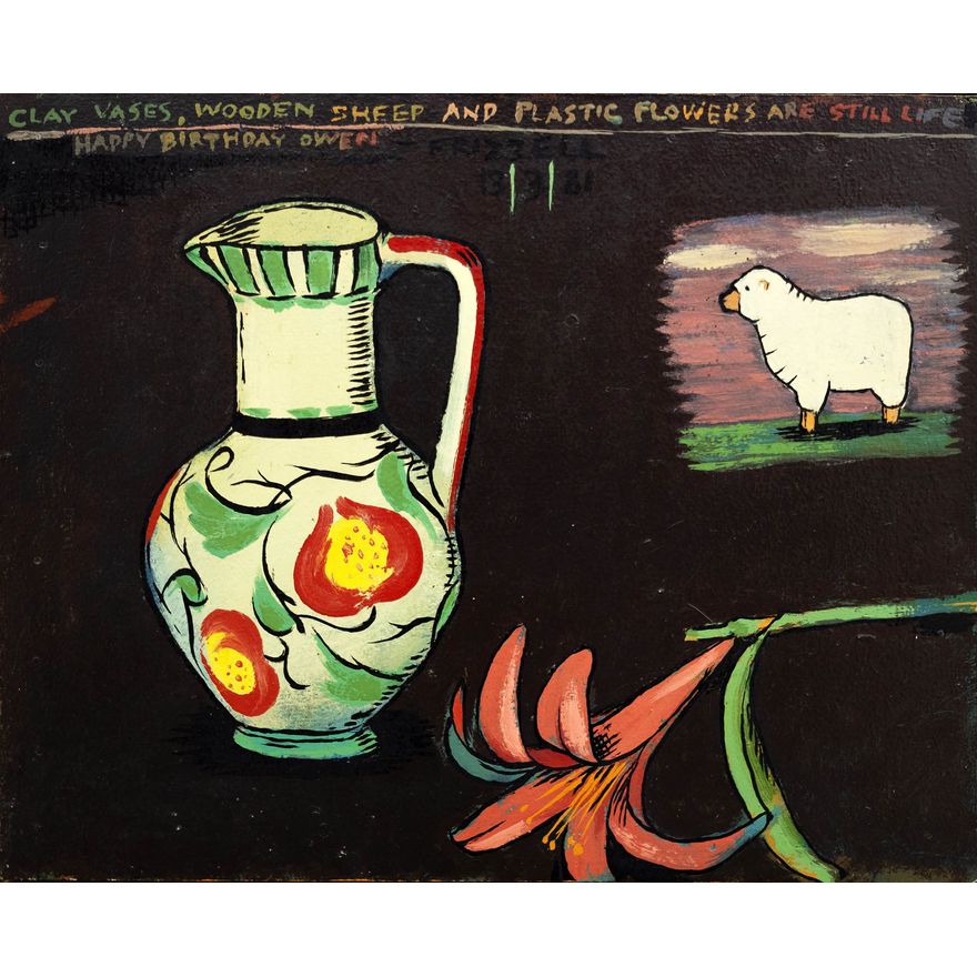 Dick Frizzell 'Clay Vases, Wooden Sheep and Plastic Flowers are Still Life'