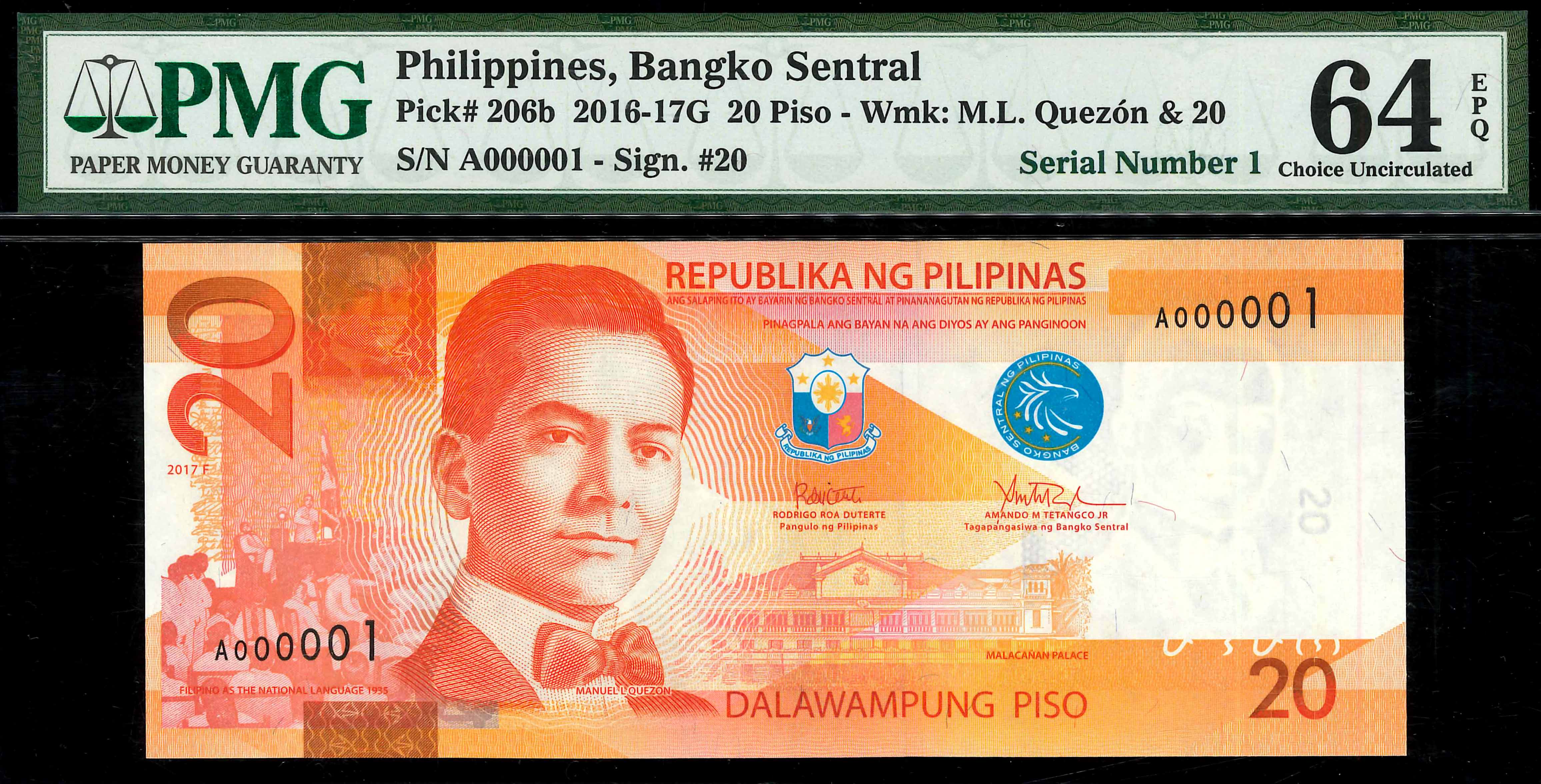 Philippines, 2017, 20 Piso, P-206b, S/N. A000001, First Prefix, Serial  Number 1, PMG 64EPQ. | Unique World Coin Sdn Bhd