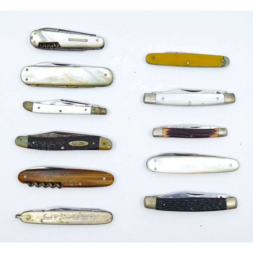 Box 11pc Antique MOP Handled Pocket Knives