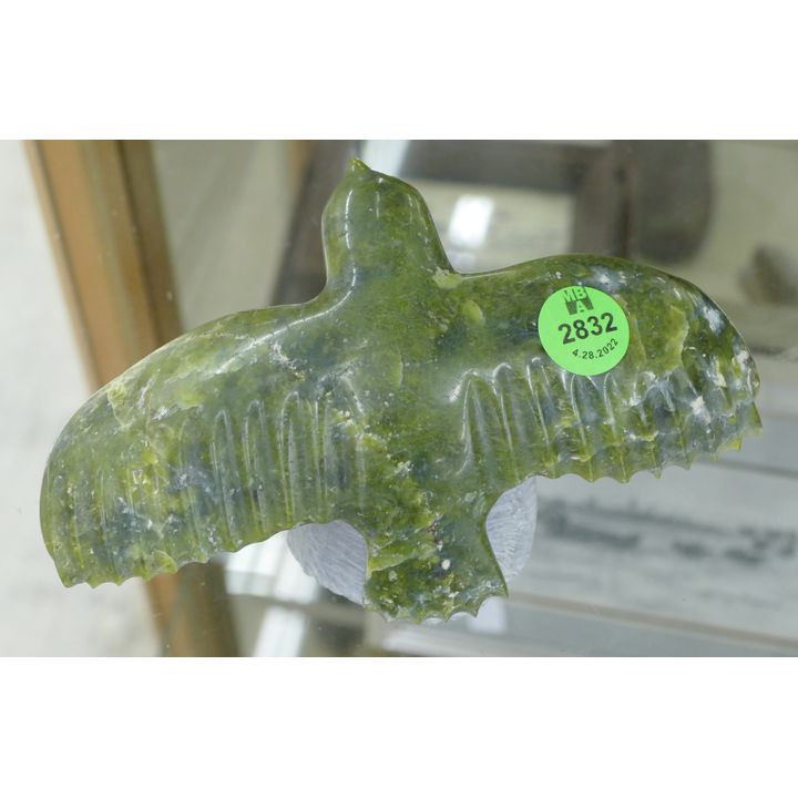 Tookikalook Pootoogook Inuit Green Soapstone Owl Sculpture- 2.5x6''