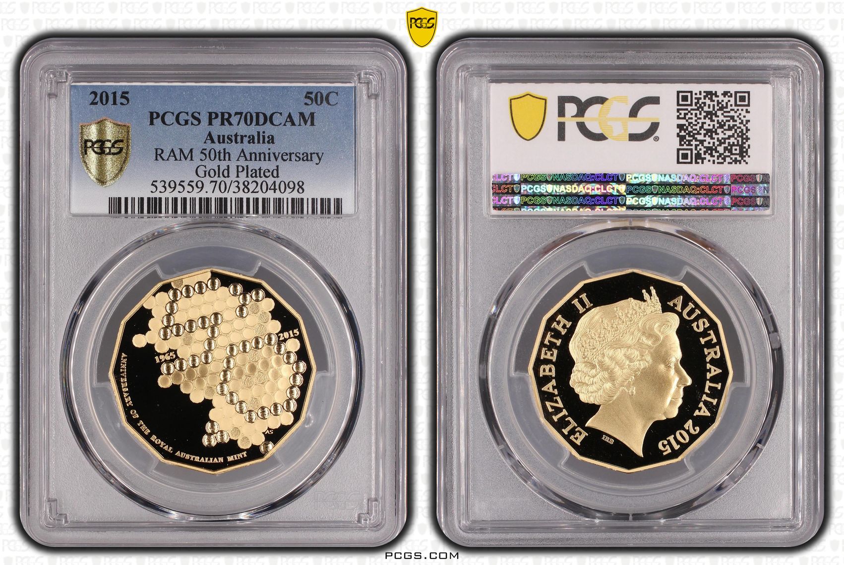 2015 Australia Fifty Cent, 50c RAM 50th Anniversary Gold Plated PCGS - PR70DCAM POP 63/0 -098
