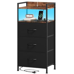 SOMDOT BLACK NIGHTSTAND WITH CHARGING STATION AND LED LIGHT FOR BEDROOM, TALL 3 DRAWERS DRESSER WITH FABRIC BINS FOR LIVING ROOM B