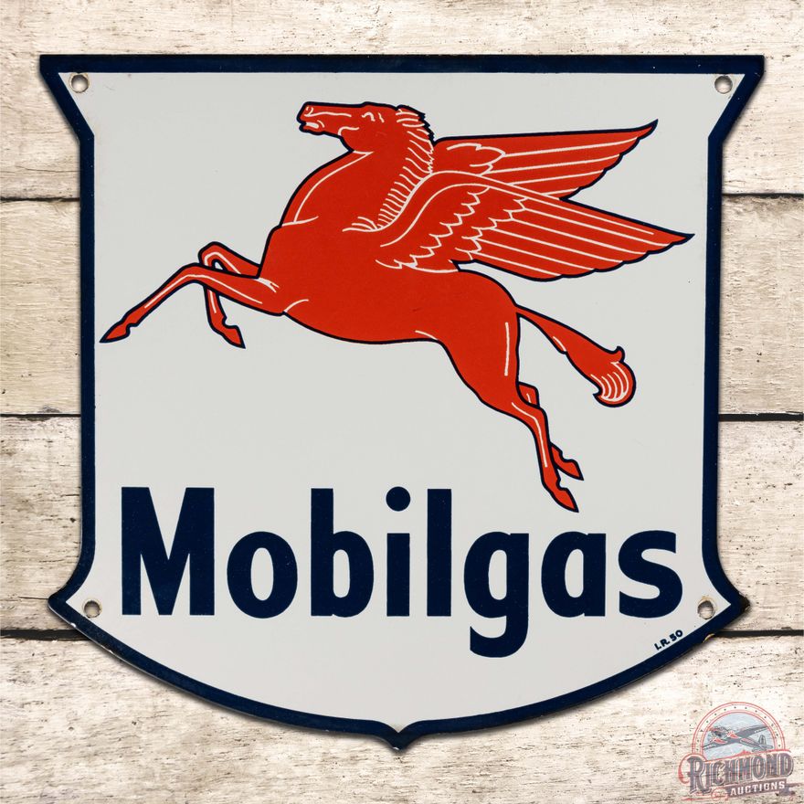 Superb 1950 Mobilgas Gasoline Single Sided Porcelain Pump Plate Sign