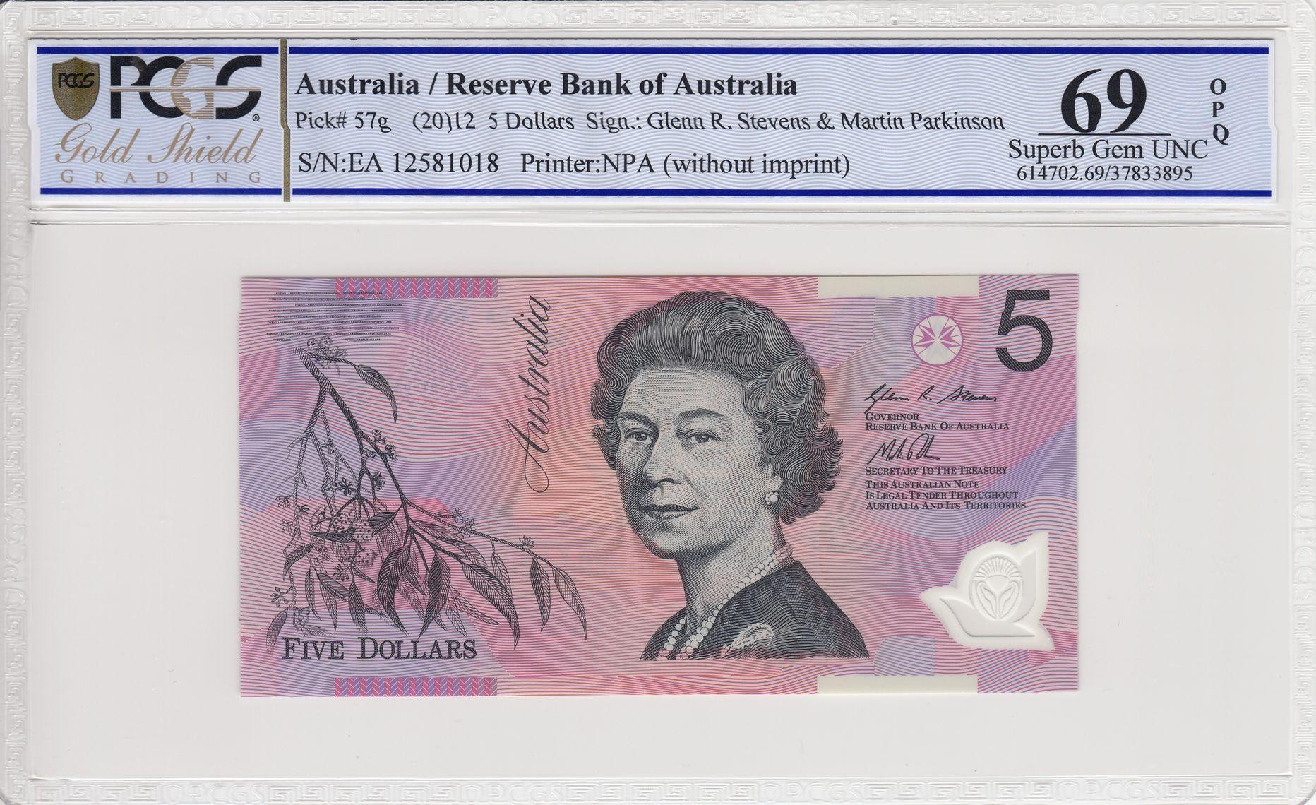 149 · RBA, Polymer, NPA (w/o imprint), Sign.: G.R. Stevens & M. Parkinson, Five Dollar, 2012, PCGS - Superb Gem UNC 69 PPQ