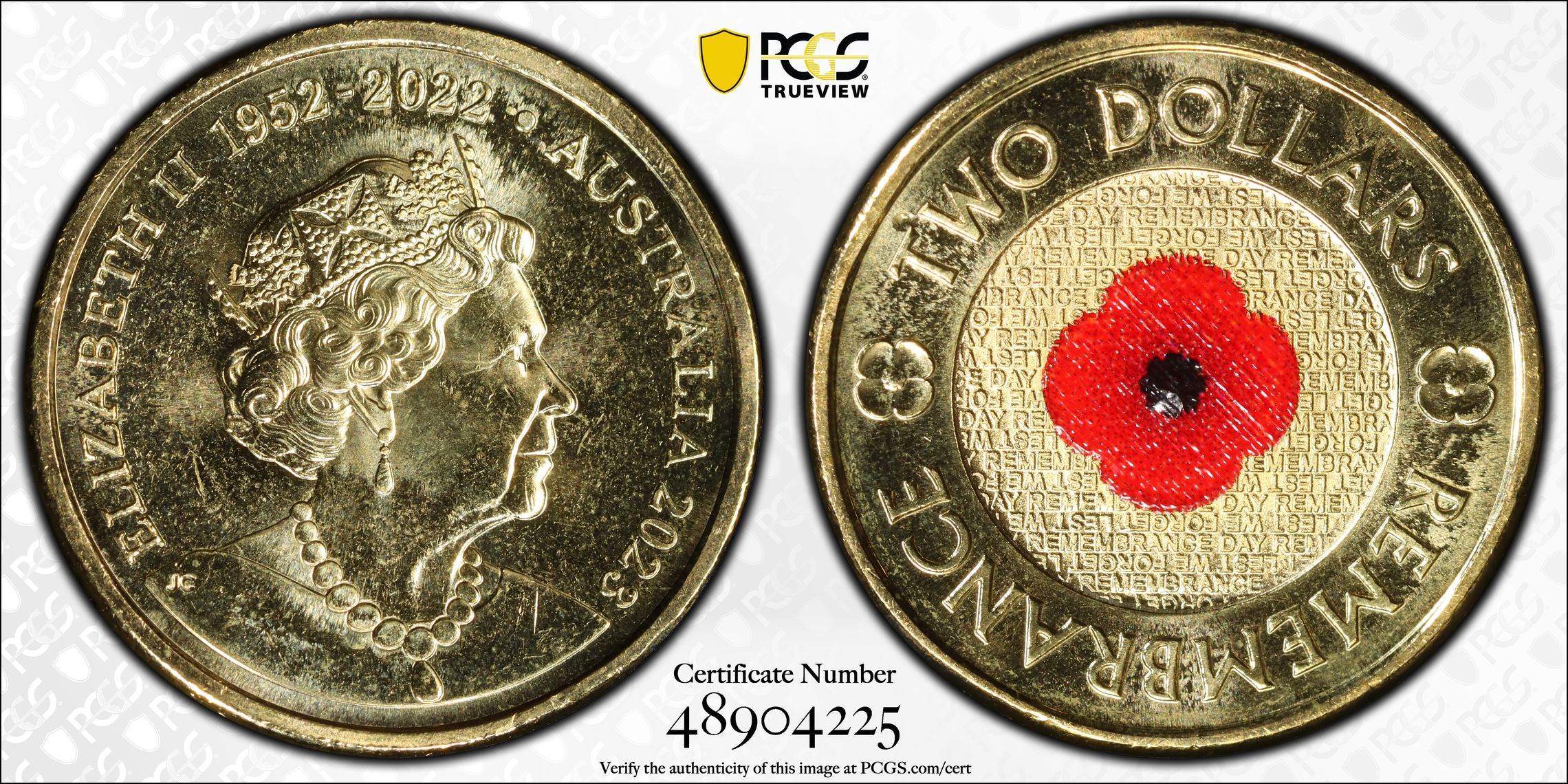 Elizabeth II, 35th Ann $2 Coin Set Colorized Remembrance Red Poppy, Two Dollar, 2023, PCGS MS67