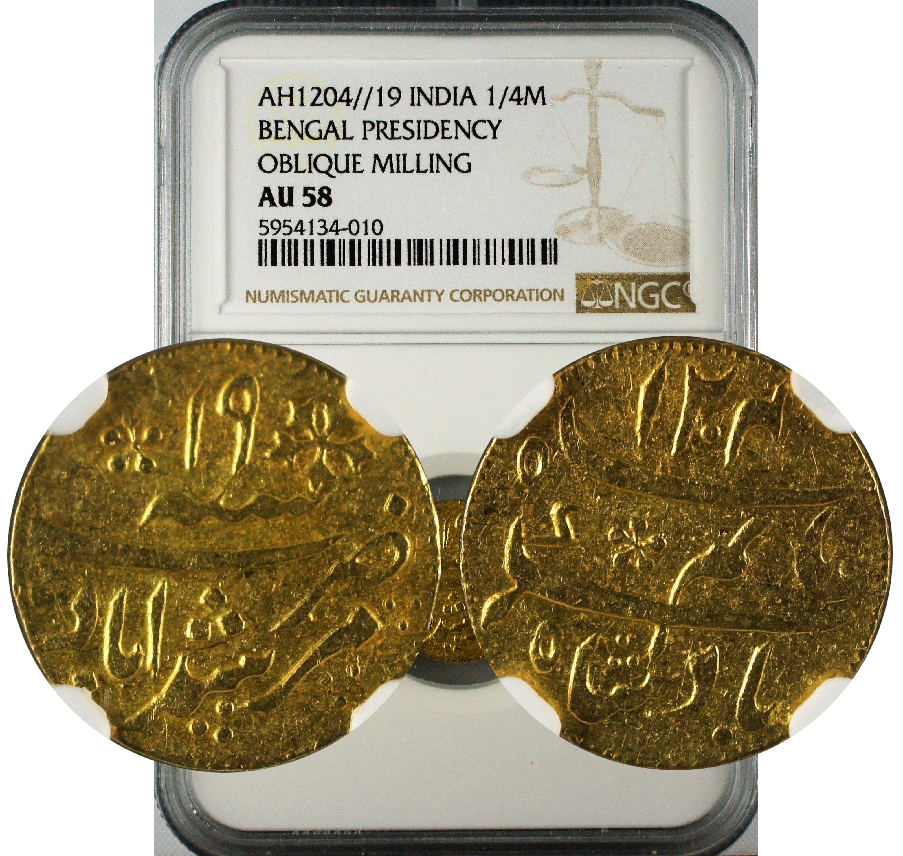 India Bengal Presidency AH1204//19 1/4 Gold Mohur NGC AU58