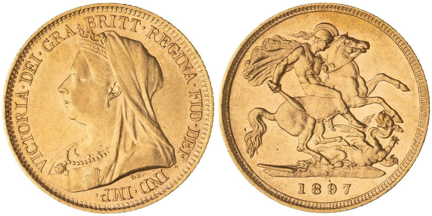 Victoria, St George Reverse - Veiled Head, Half Sovereign, 1897-S, aUNC