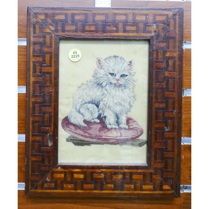 Antique Cat on Pillow Pettipoint in Parquetry Frame- 11x9''