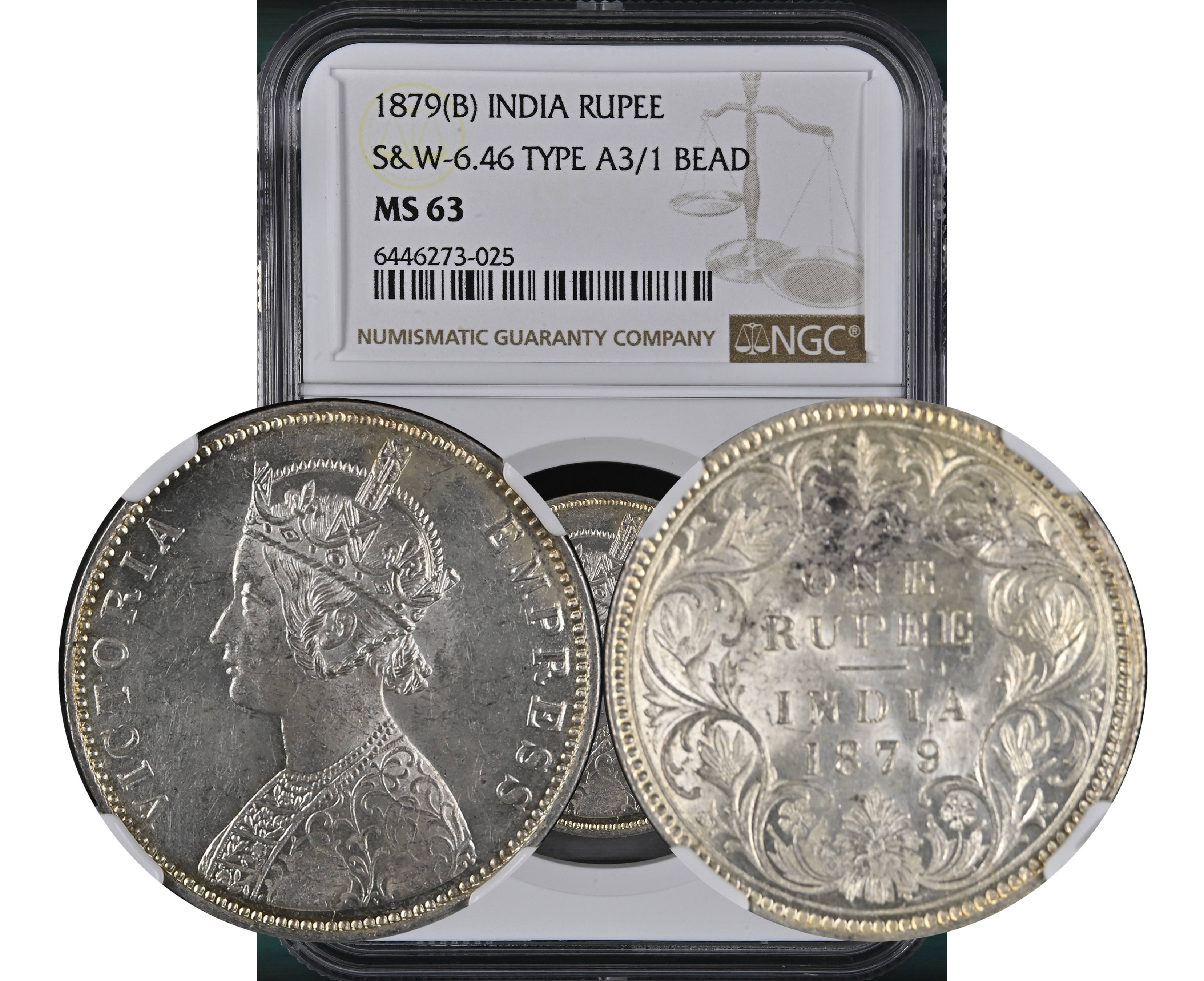 1879(B) INDIA S&W-6.46 TYPE A3/1 BEAD RUPEE MS 63