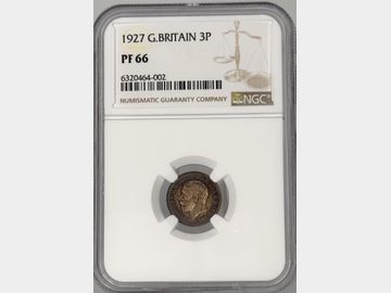 1927 GEORGE V PROOF SILVER THREE PENCE PF66