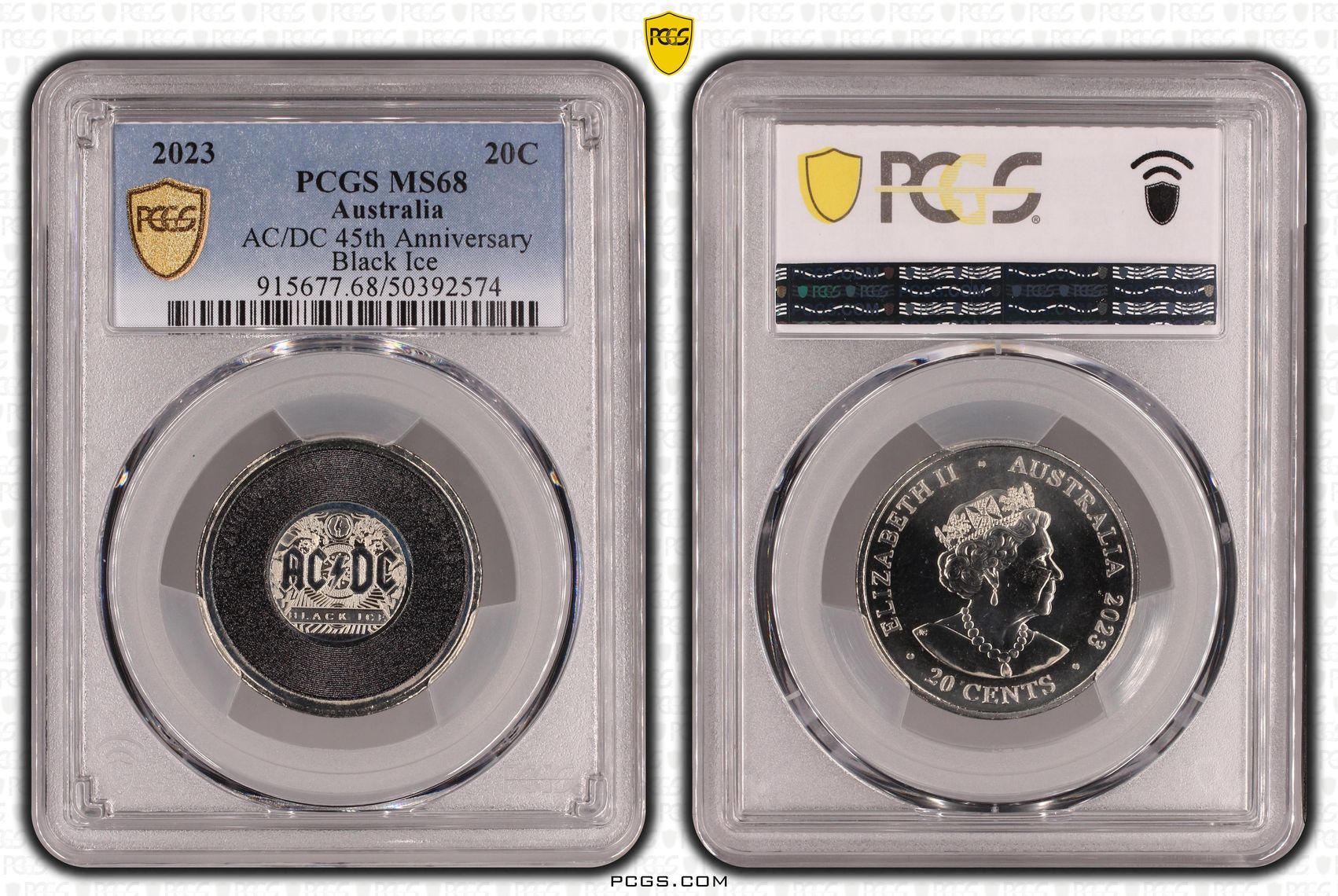 168 · Elizabeth II, AC/DC 45th Anniversary - Black Ice , Twenty Cent, 2023, PCGS MS68