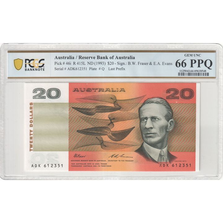 Fraser/Evans, Last Prefix, Twenty Dollar, 1993, PCGS Gem UNC 66 PPQ