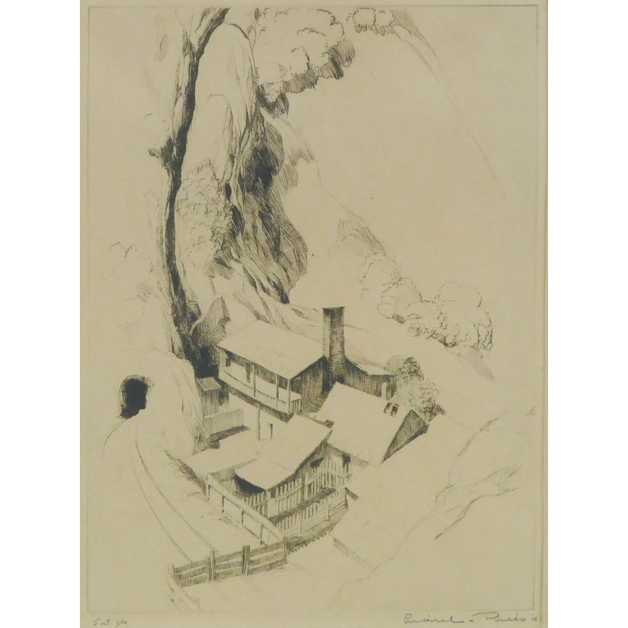 Lionel Pries 'Mountain Road Stop' Etching, c. 1940's.