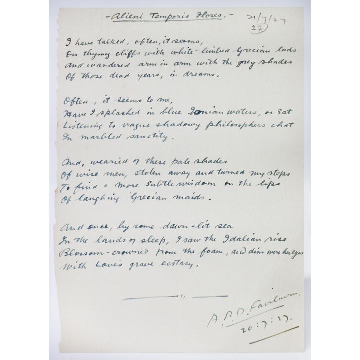 FAIRBURN, A.R.D - Manuscript Poem, 'Alieni Temporis Flores'