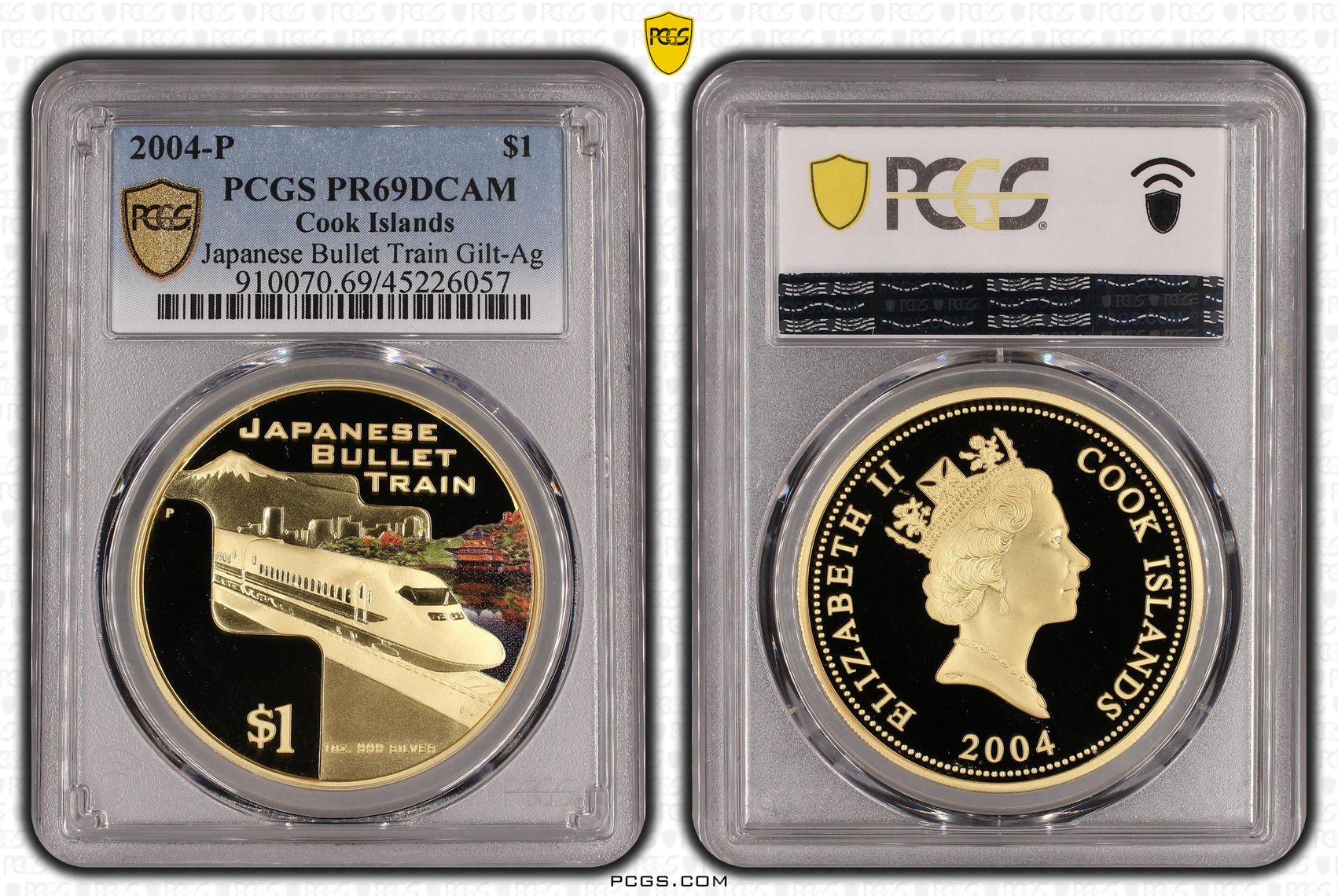 2004-P Cook Islands One Dollar, $1 Gilt Silver Proof Japanese Bullet Train Gilt-Ag PCGS - PR69DCAM POP 1/0 -057