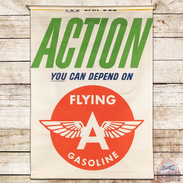 Flying A Gasoline "Action You can Depend On" Cloth Advertising Banner Sign