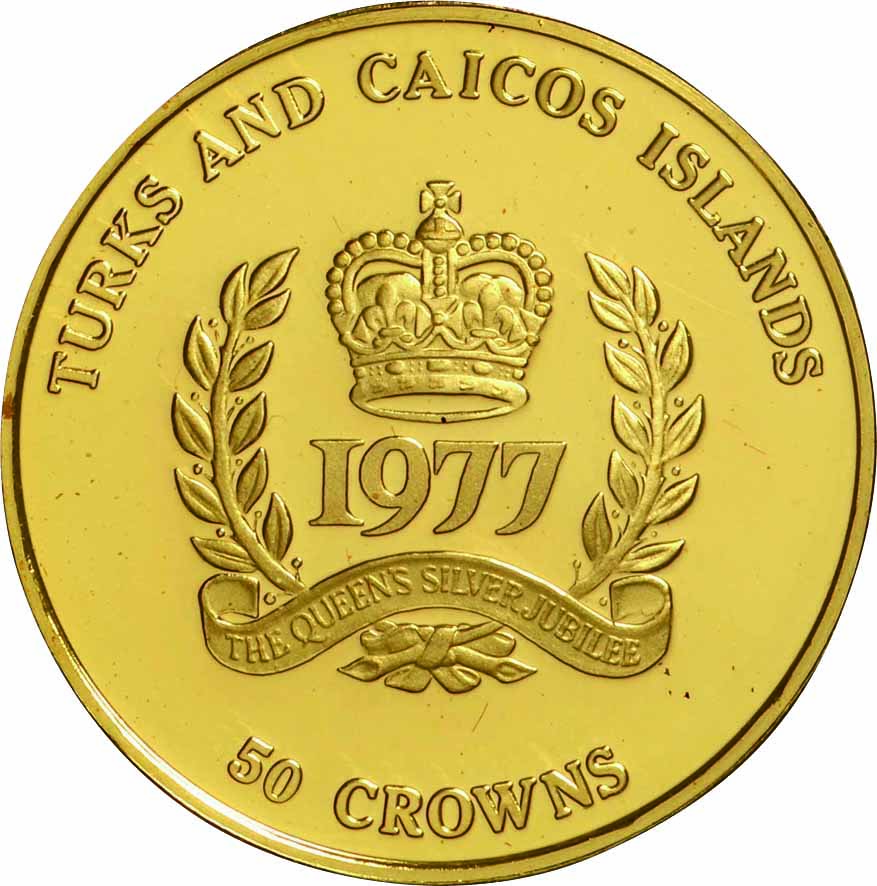 タークスカイコス-Turks and Caicos Islands. 1977. Silver. 50ｸﾗｳﾝ(Crown). プルーフ.  Proof. 女王エリザベス2世在位25周年記念 50ク.. | Taisei Auction