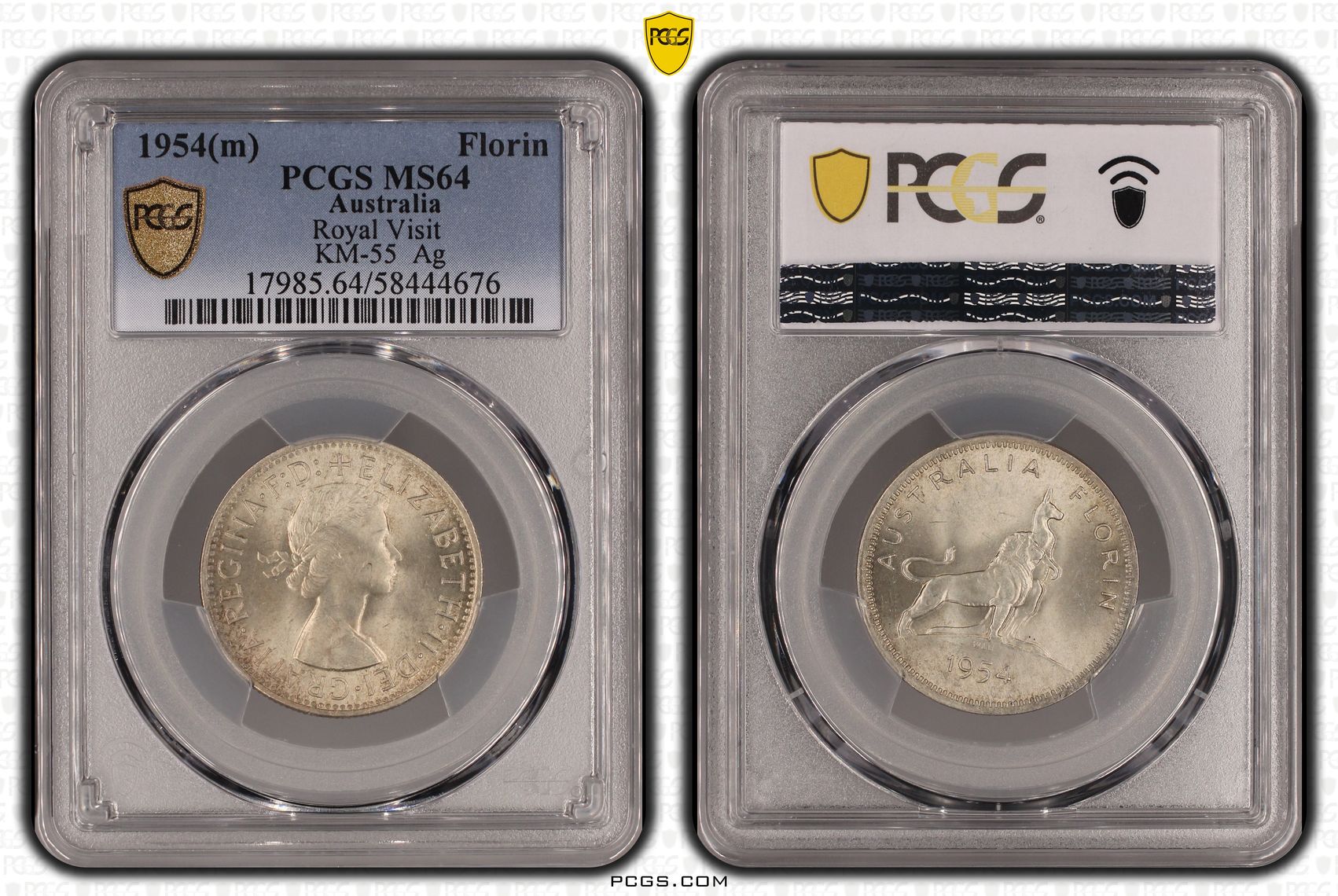 Royal Visit KM-55 Silver, Florin, 1954(m), PCGS MS64