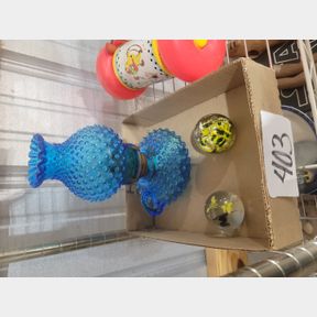 Antique blue hobnail thumbhole oil lamp and yellow flower paperweights