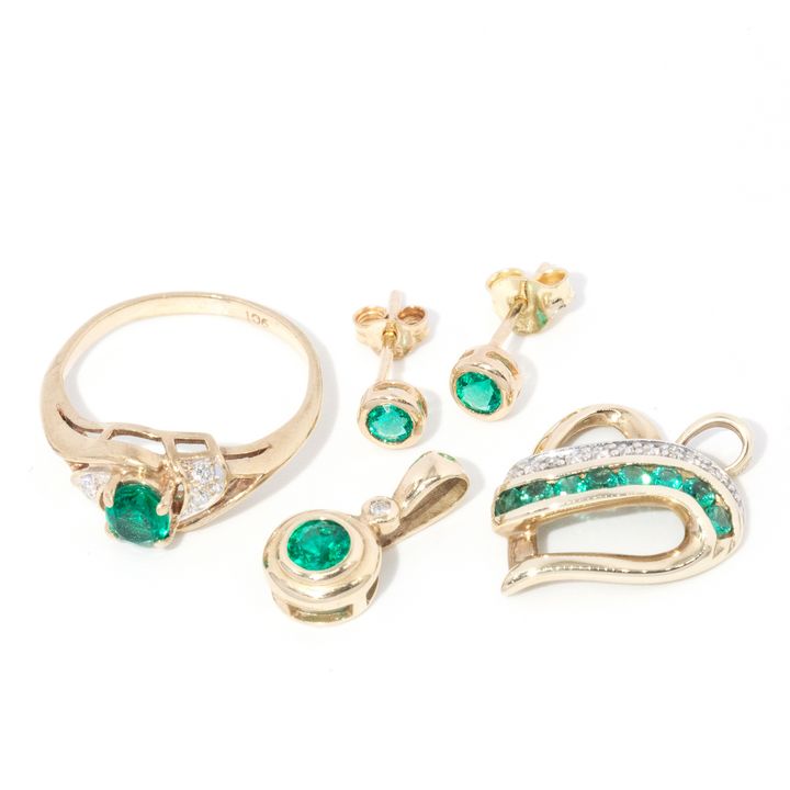 9ct Synthetic Emerald and Diamond Ring, 2 Pendants and 1 Pair of Earrings