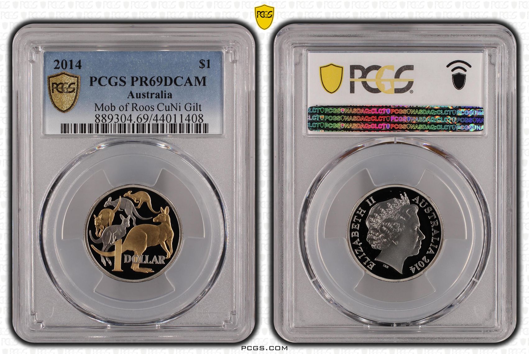2014 Australia One Dollar, $1 Proof Mob of Roos CuNi Gilt PCGS - PR69DCAM -408