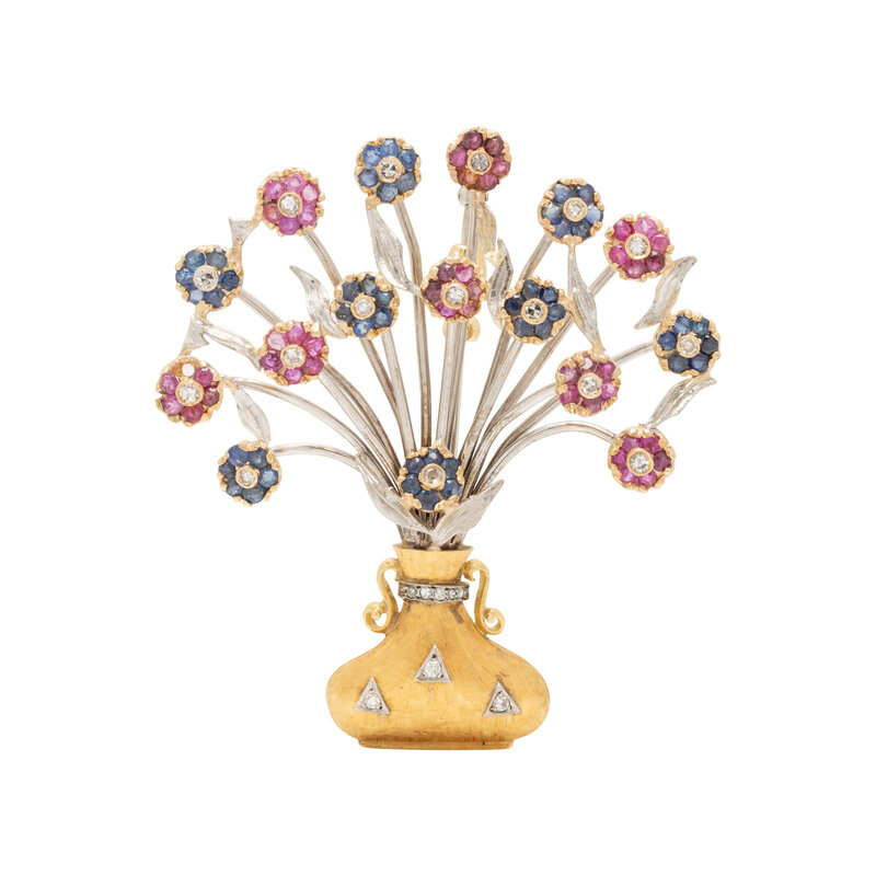 BICOLOR GOLD AND MULTIGEM JARDINIÈRE BROOCH